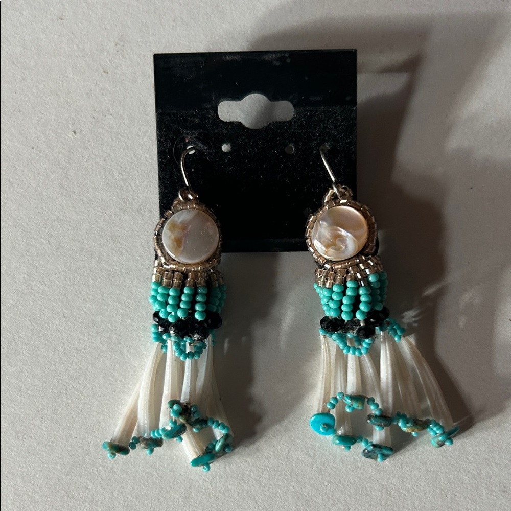 Handmade earrings with turquoise chips,size 15 turquoise beads &black crystal